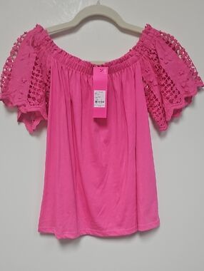 Lilly Pulitzer Hot Pink Off-Shoulder Crochet Sleeve Top